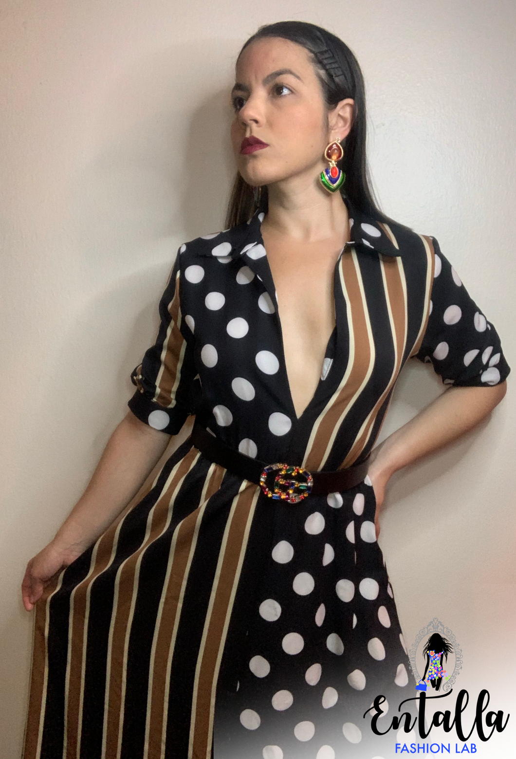 Polka Dot & Vertical-Stripes Maxi Dress